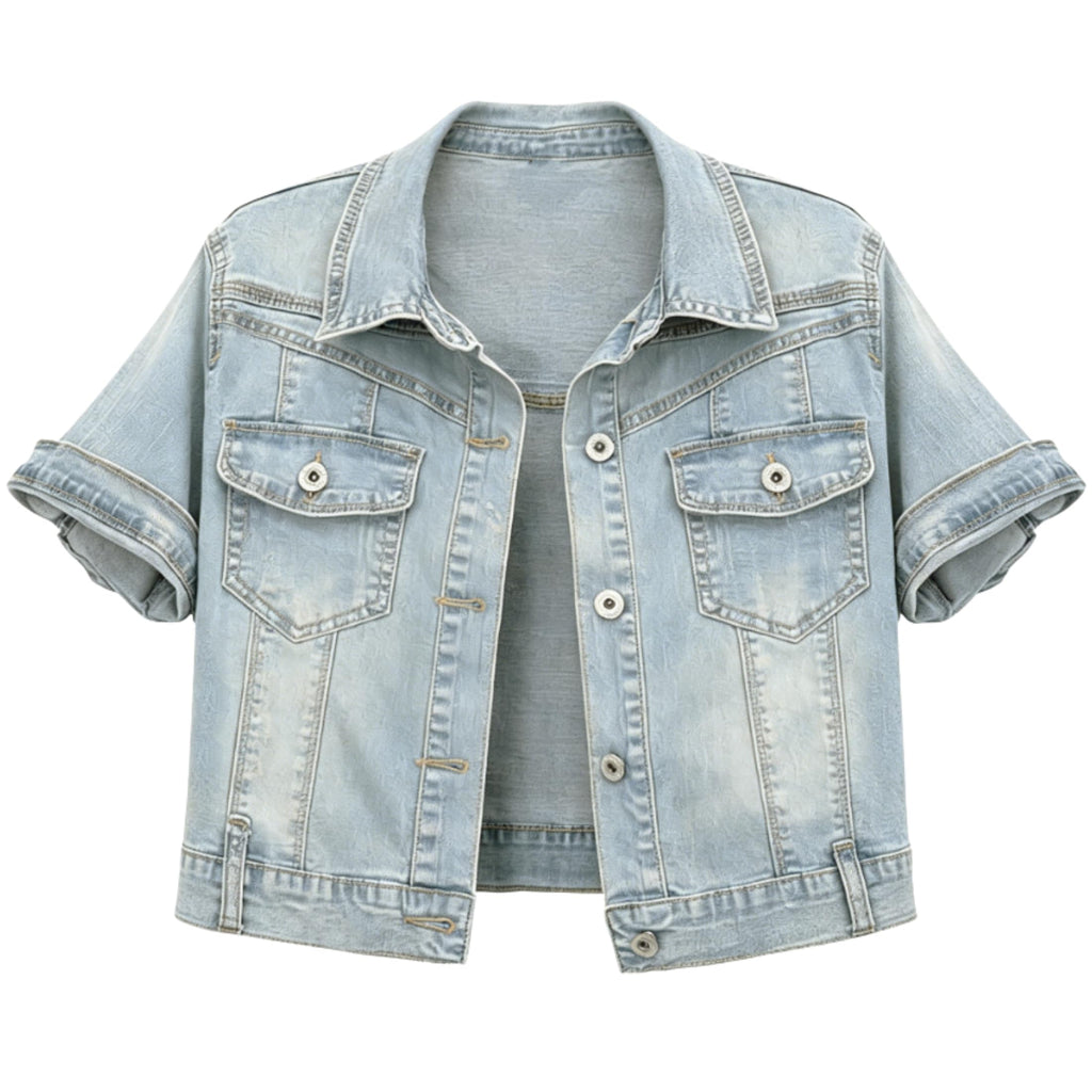 Omoone Women's Summer Short Sleeve Crop Denim Trucker Jacket Jean Coat Tops (lightwashdenim-xxl)