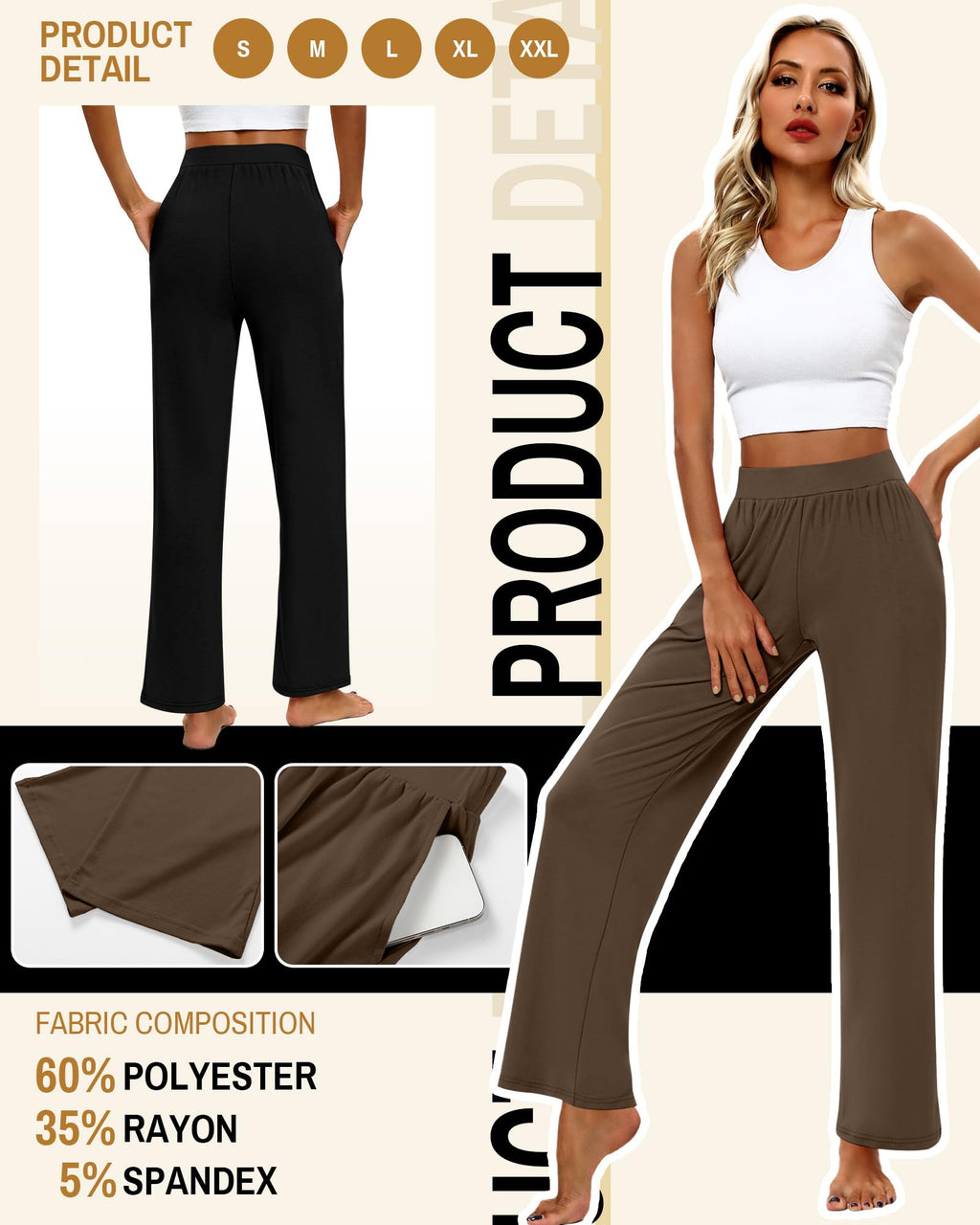 Huukeay 3 Pack Women's Lounge Pants Cozy Sweatpants - Black, Brown,