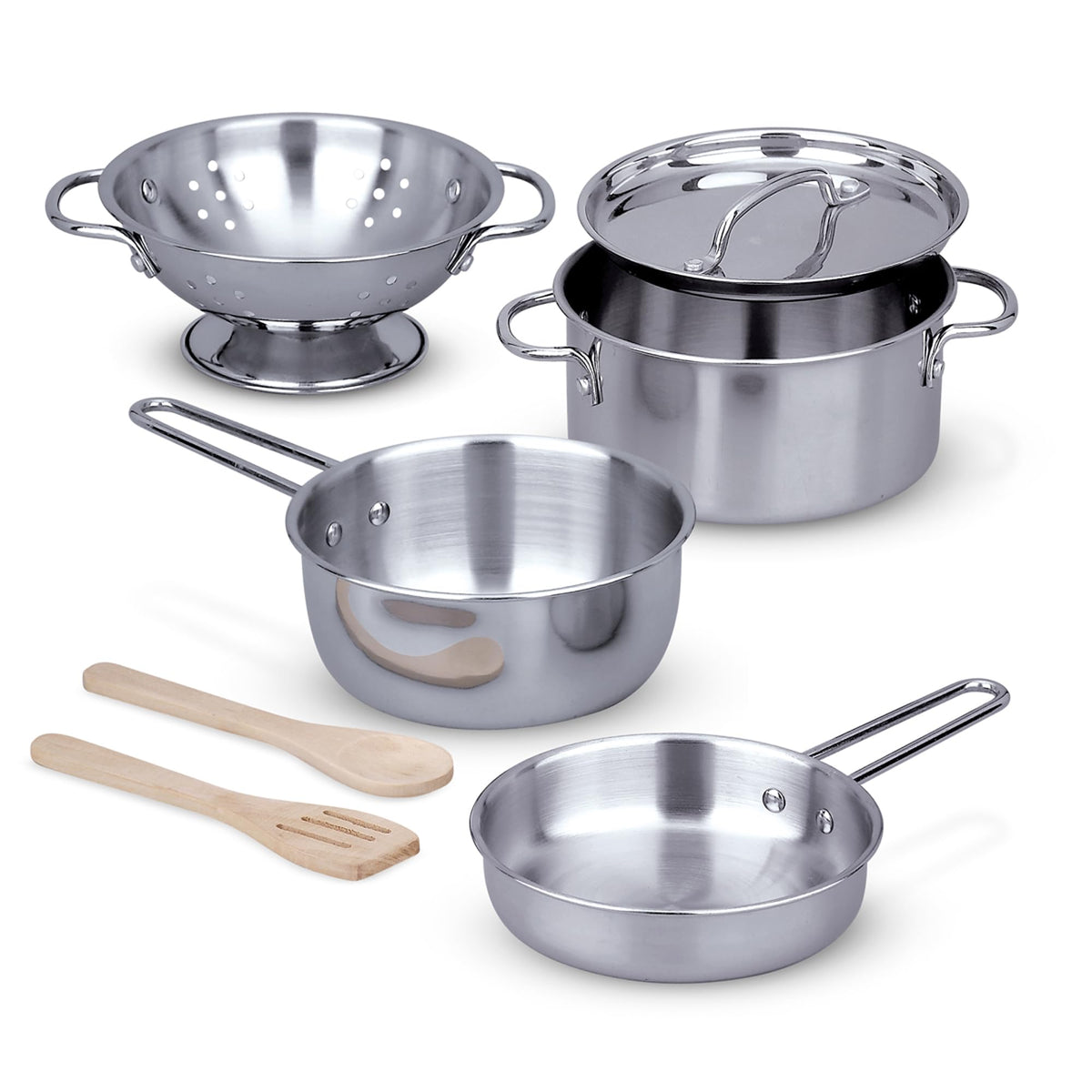 Melissa & Doug Stainless Steel Pots & Pans, 8 Piece Play Kitchen Set, Premium Play Kitchen Accessories & Cooking Utensils, Preschool Toys for Kids 3+