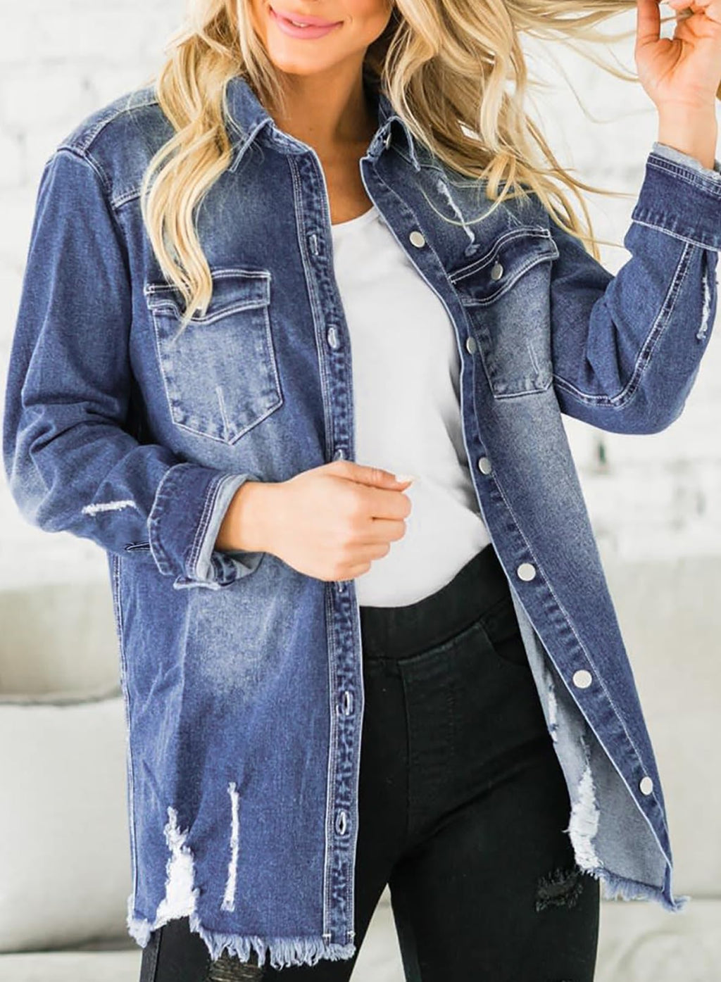 Dokotoo Concert Outfits For Women Button Boyfriend Jean Jacket Dark Blue L - C2