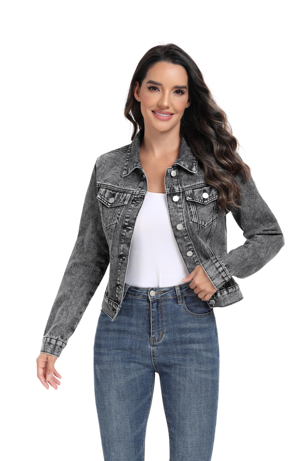 Andy & Natalie Cropped Jean Jacket For Women Fashion Casual Crop Denim Jackets Trendy Outfit With Pockets Deep Grey X-large