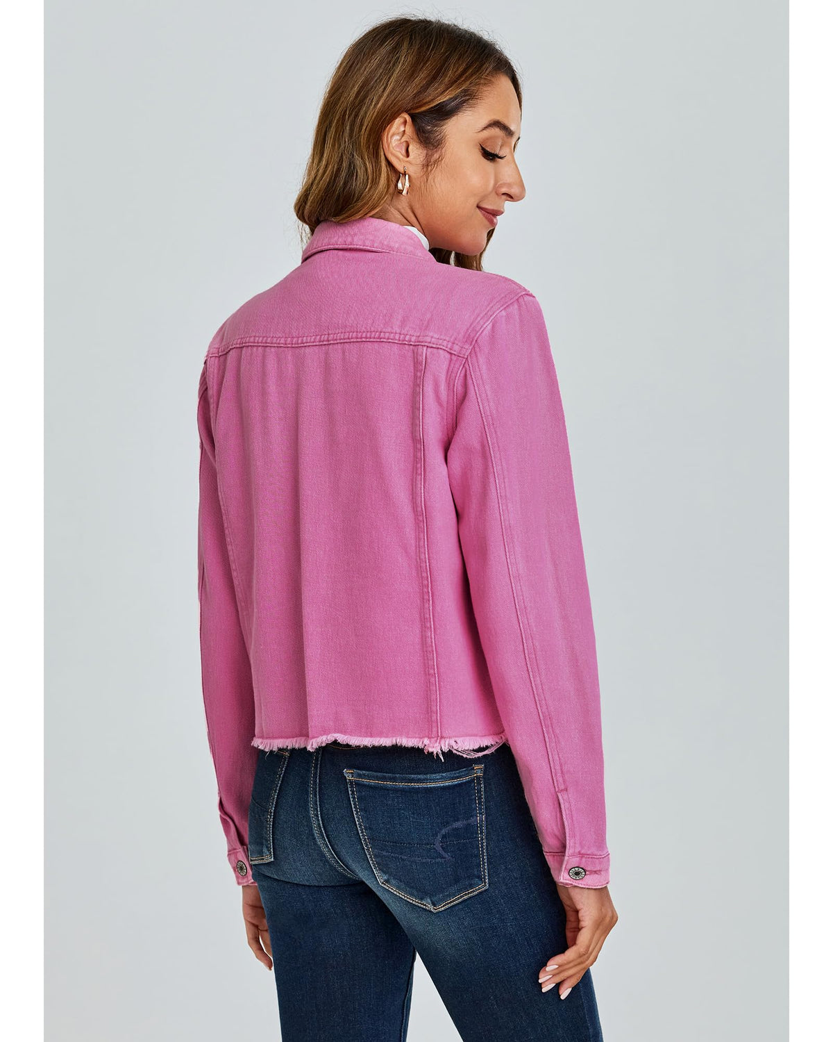 Luvamia Cute Pink Jean Jacket For Women - Light Weight Denim Shirt - Azalea - Small (fits Size 4/6)