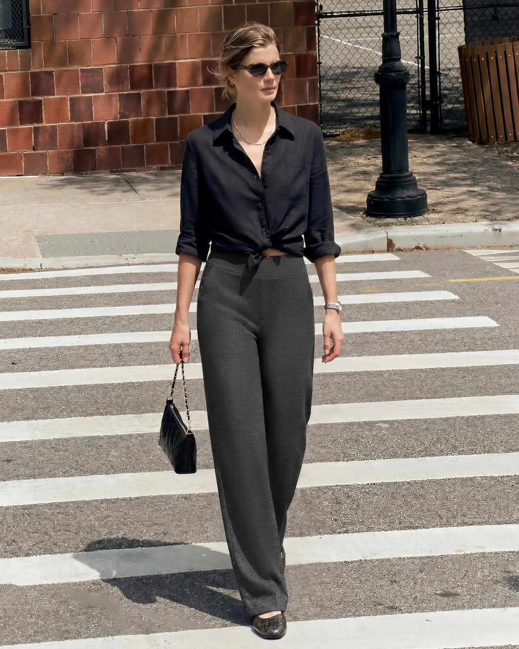 G4free Wide-Leg Pants For Women With Pockets High-Waist Gray Tweed L