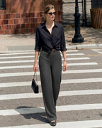 G4free Wide-Leg Pants For Women With Pockets High-Waist Gray Tweed L