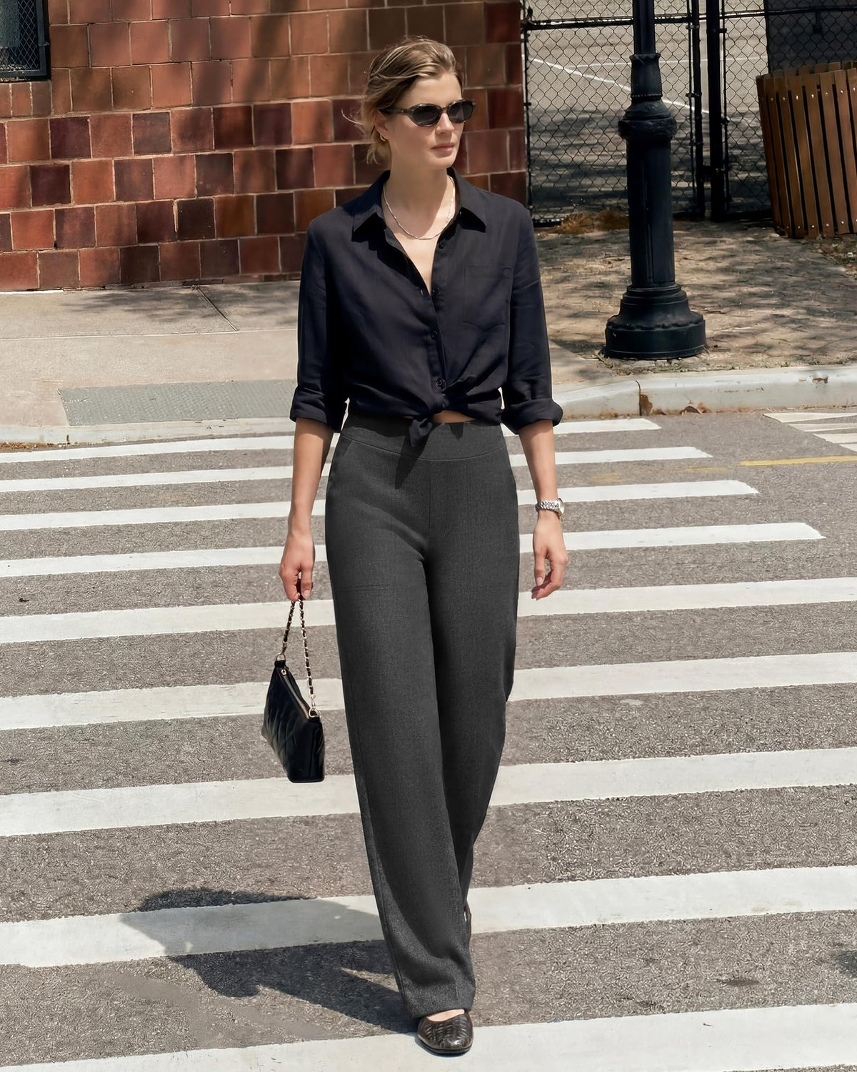 G4free Wide-Leg Pants For Women With Pockets High-Waist Gray Tweed L