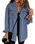 Women's Vetinee Oversized Boyfriend Denim Jean Jacket With Buttons And Raw Hem - Thousand Oceans Blue