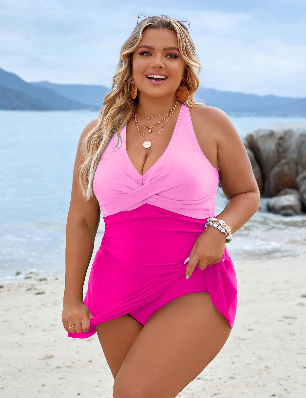 Blooming Jelly Women Plus-Size Swimdress One-Piece Tummy - Hot Pink