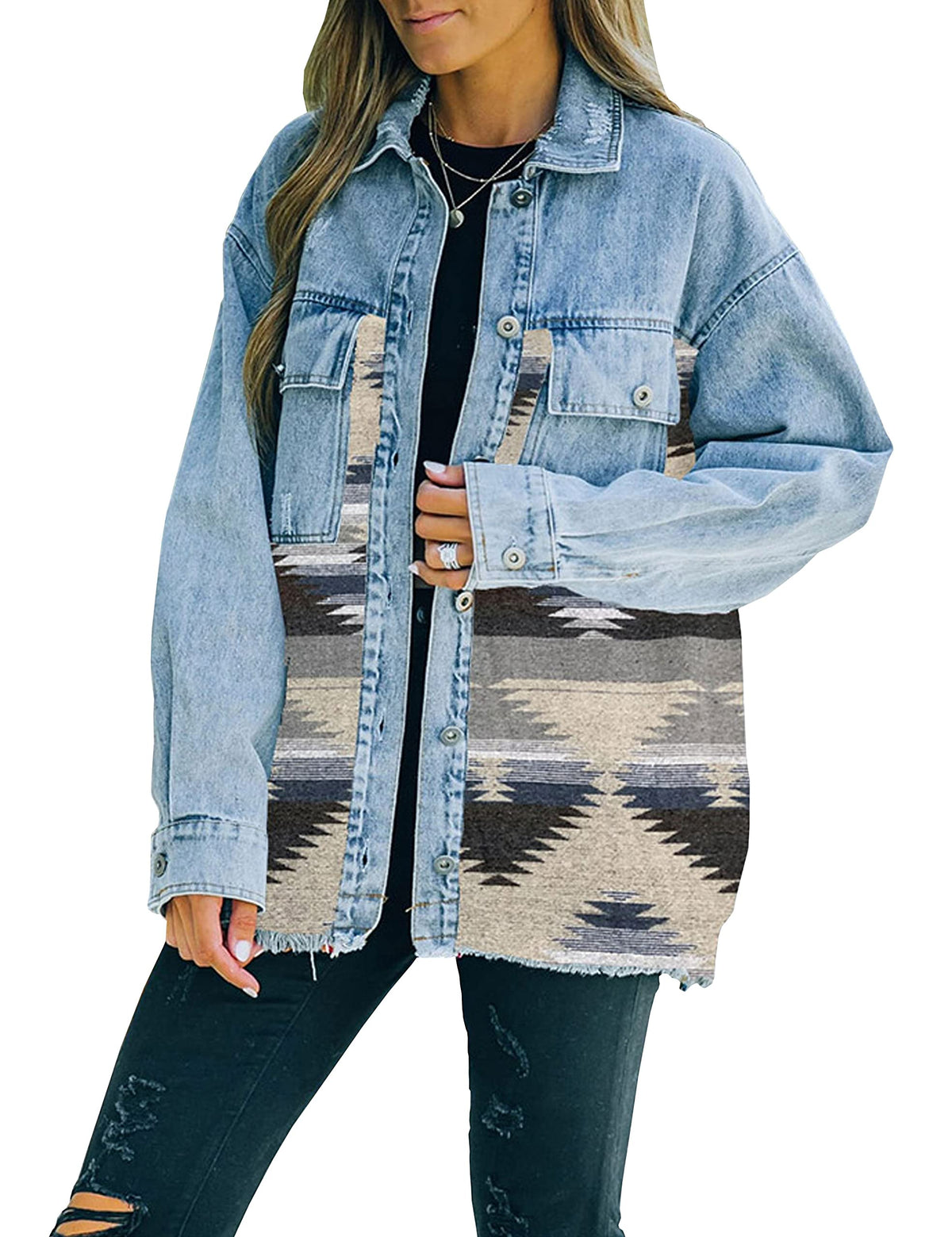 Lumister Women's Aztec Denim Jacket Distressed Lapel Long Sleeve Vintage Button Down Shacke(0007-grey-xl) - Grey&beige