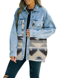 Lumister Women's Aztec Denim Jacket Distressed Lapel Long Sleeve Vintage Button Down Shacke(0007-grey-l) - Grey&beige