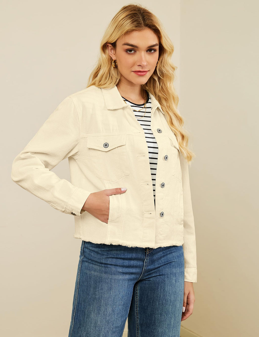 Luvamia Denim Jacket For Women Distressed Jean Jackets Button Up Vintage Western Trucker Frayed Hem Pockets Vanilla Xx-large