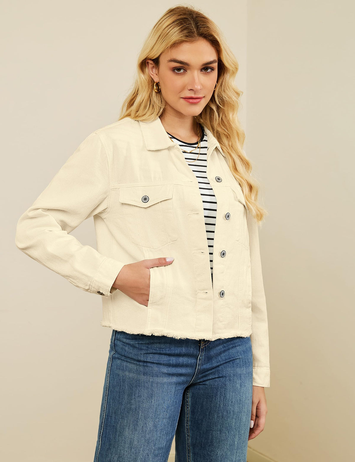 Luvamia Denim Jacket For Women Distressed Jean Jackets Button Up Vintage Western Trucker Frayed Hem Pockets Vanilla Xx-large
