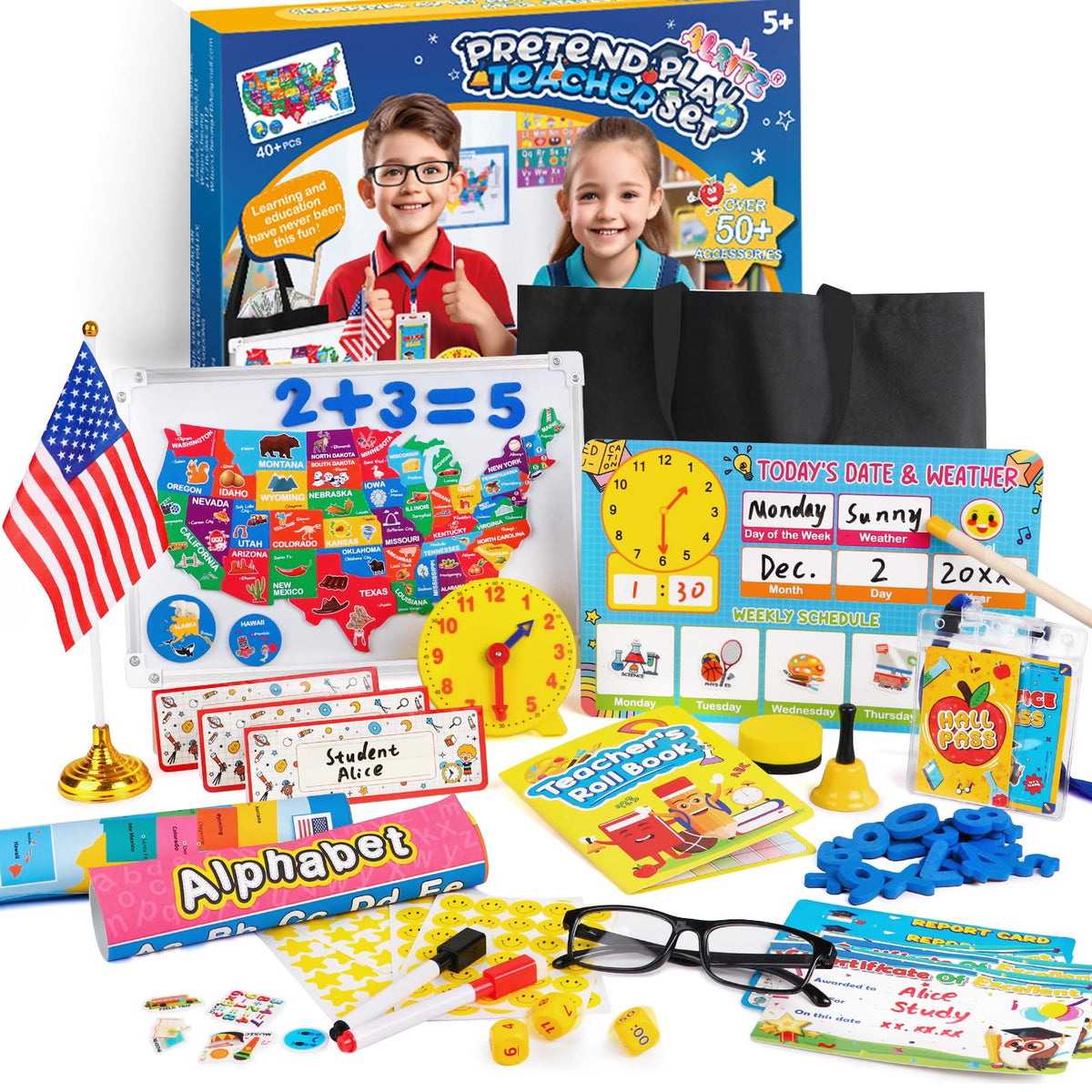 Alritz Pretend Teacher Playset, Role Pretend Play Kids School Toys Kit Include Map, Calendar, White Board Boys Girls Toys, Birthday Gift for Ages 5 6 7 8 9 10 11 12 13+