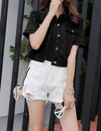 Omoone Women's Summer Short Sleeve Crop Denim Trucker Jacket Jean Coat Tops(black-s)