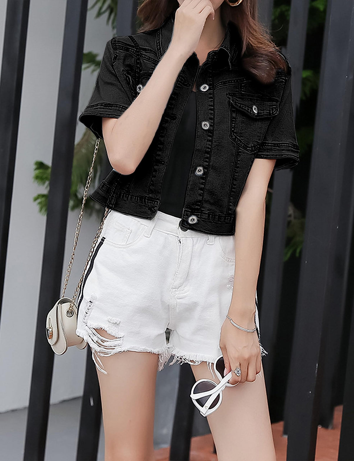 Omoone Women's Summer Short Sleeve Crop Denim Trucker Jacket Jean Coat Tops(black-s)