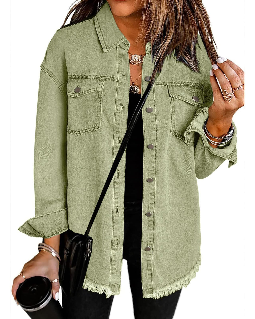 Vetinee Women's Concert Outfits For Women Oversized Boyfriend Laurel Green Front Button Up Frayed Raw Hem Long Sleeve Pockets Denim Jean