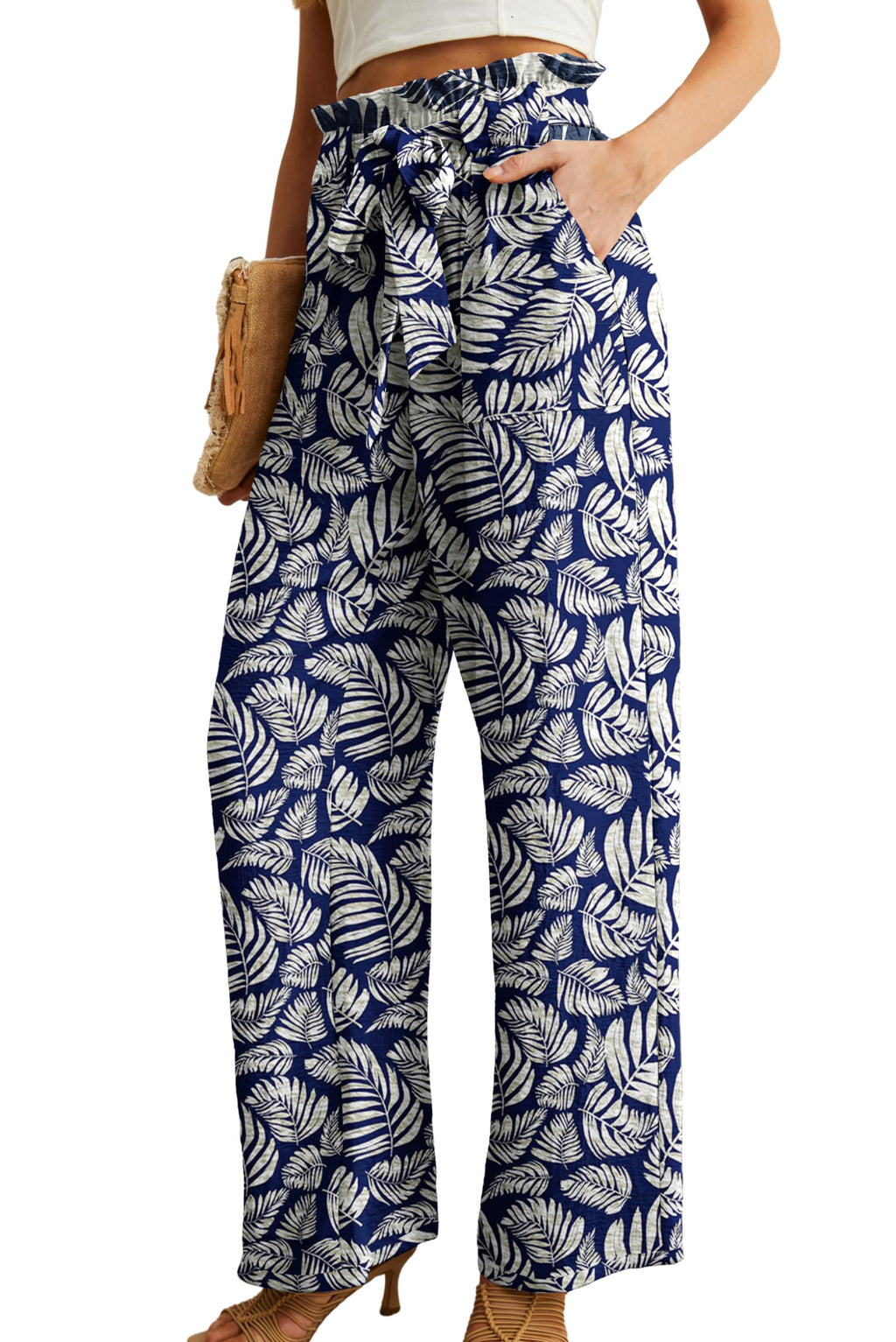Iwollence Women Flowy Palazzo Pants Adjustable - 32 Dark Blue Palm