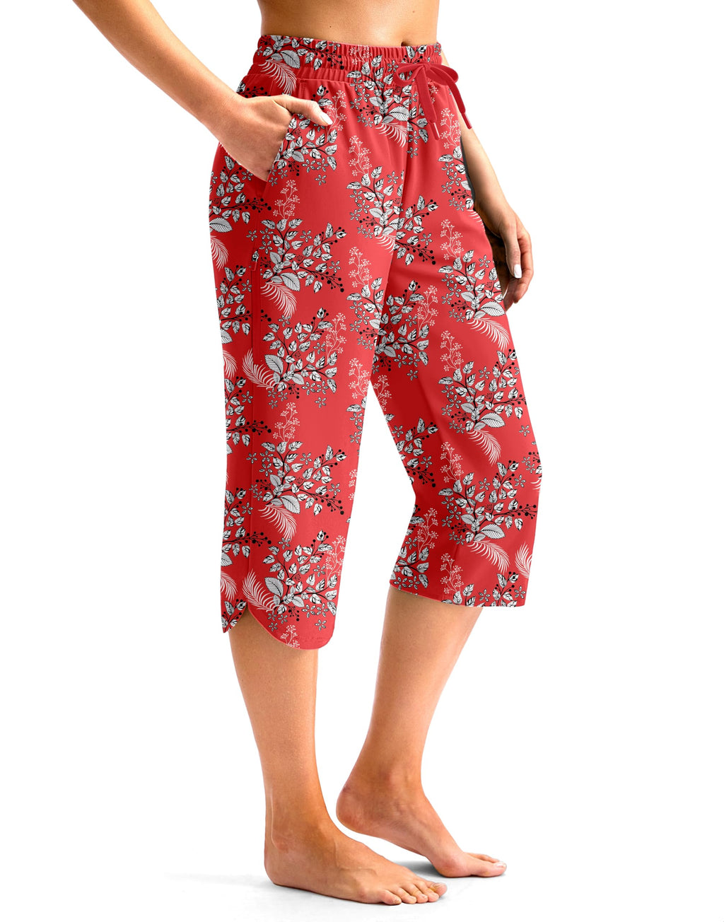Viodia Women's 18" Plus-Size Modest Swim Capris Pants Red Flower Leaf