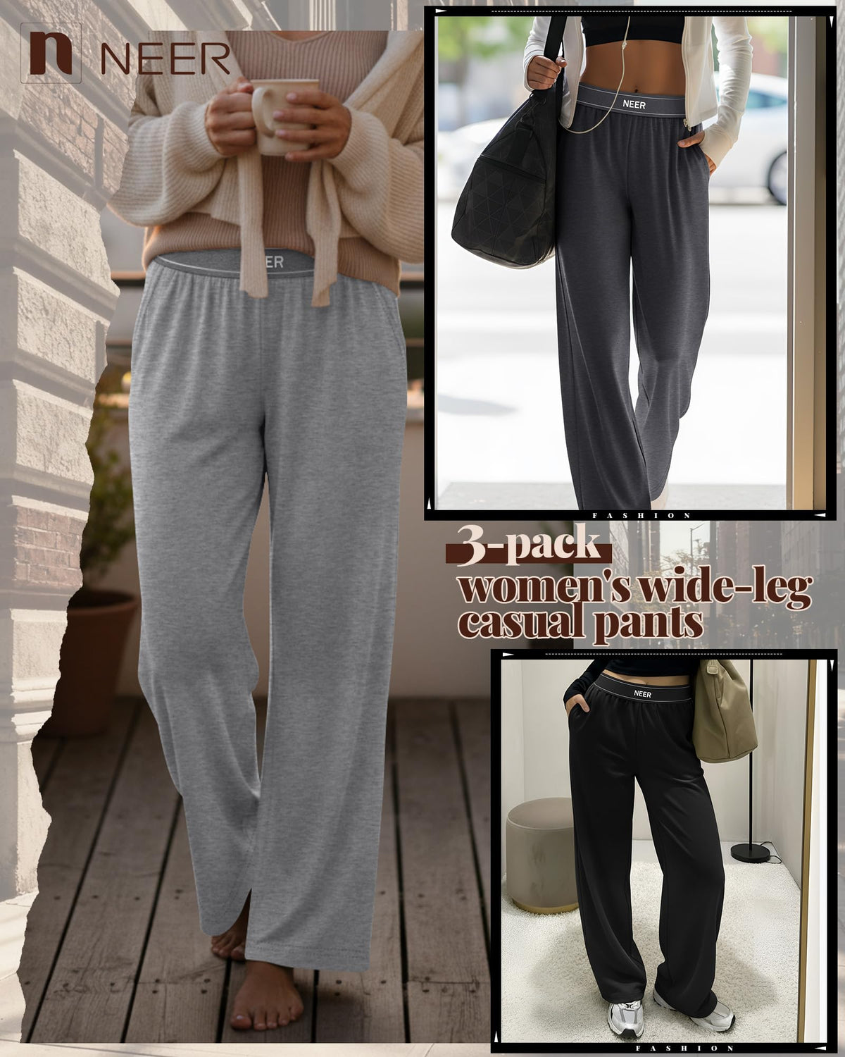 Neer 3 Pack Women's Cotton Lounge High-Waisted Pants - Size X-Large