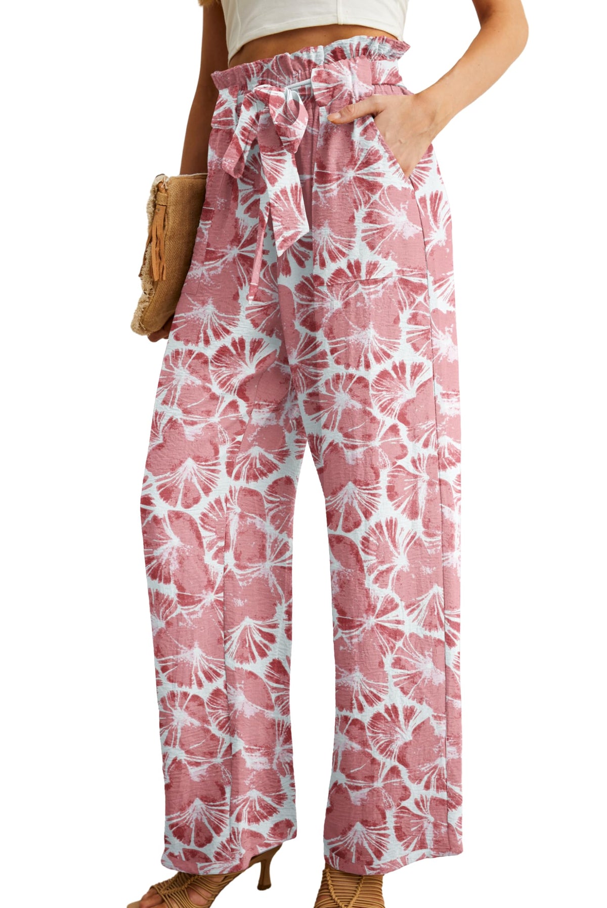 Iwollence Women Casual Palazzo Pants High-Waist Adjustable Knot Flowy