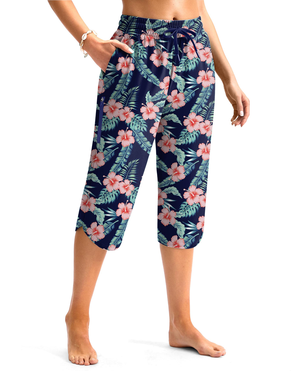 Viodia Women's 18" Plus Size Modest Swim Capris Pants Navy Flower 4XL