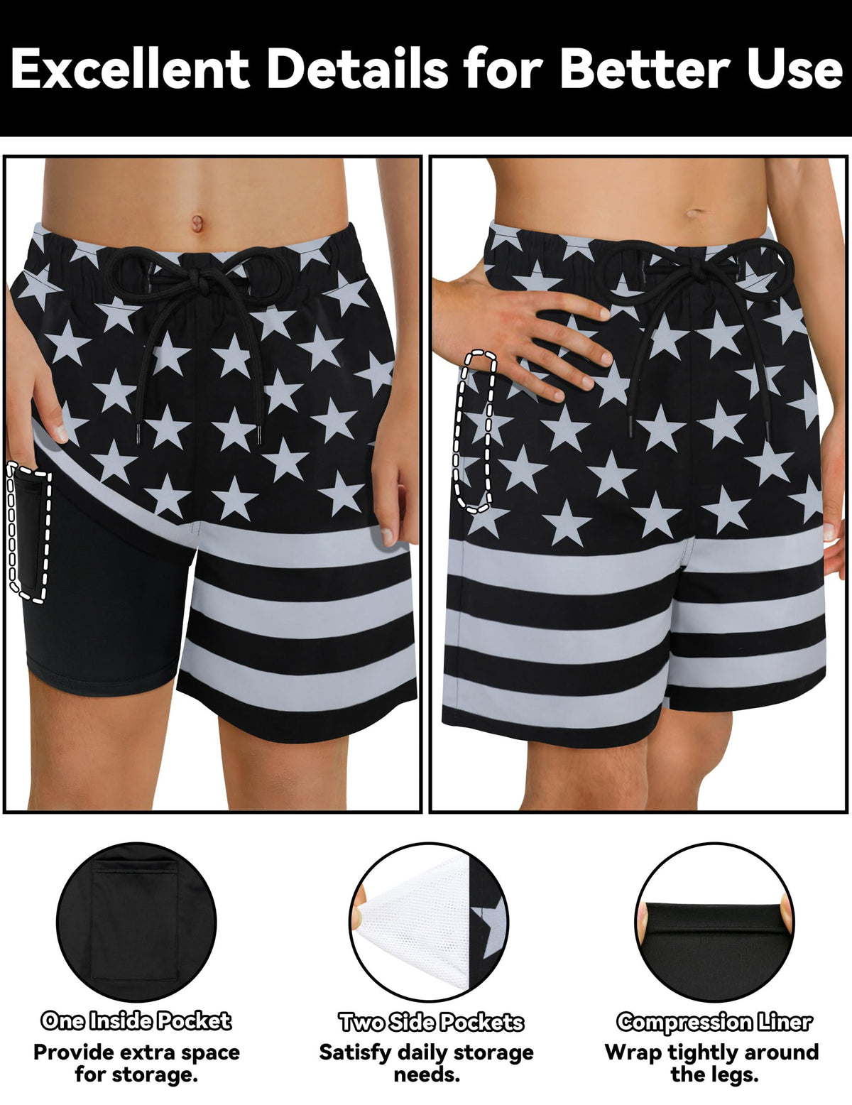Boys American Flag Swim Trunks Boys Swim Trunks with Compression Liner Boys 4th of July Swim Trunks Boy Bathing Suit Set