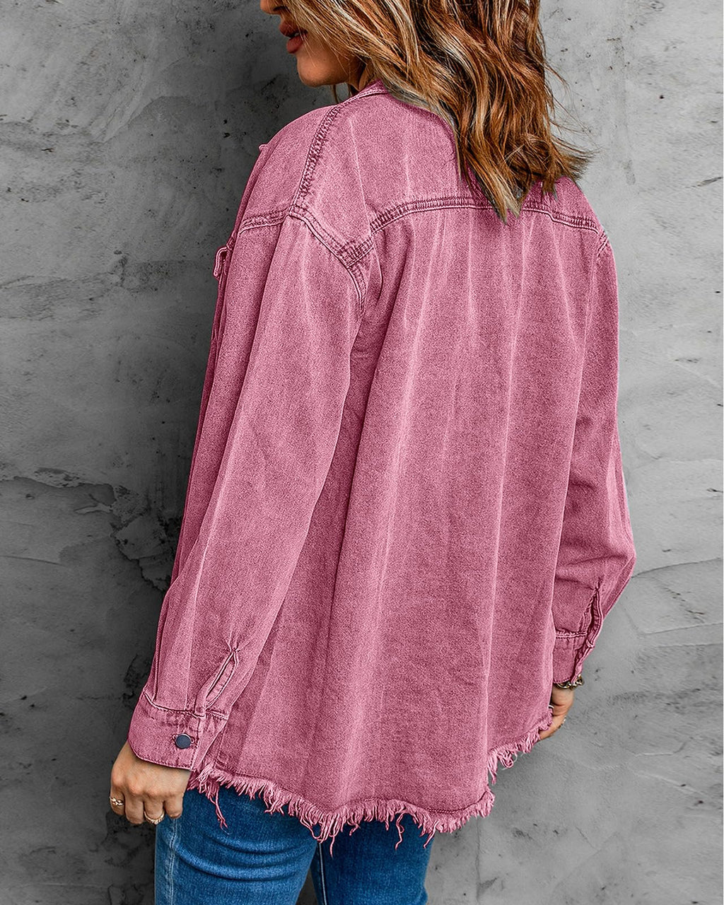 Vetinee Oversized Jean Jacket For Women Lilac Rose Front Button Up Frayed Raw Hem Long Sleeve Pockets Denim Shacket Large Size 12 14