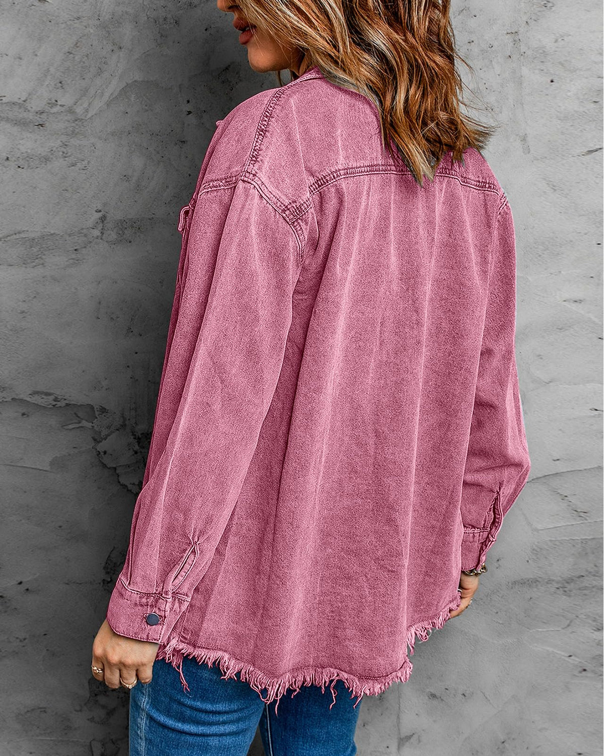 Vetinee Oversized Jean Jacket For Women Lilac Rose Front Button Up Frayed Raw Hem Long Sleeve Pockets Denim Shacket Large Size 12 14