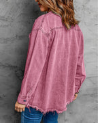 Vetinee Women's Fashion Oversized Boyfriend Lilac Rose Front Button Up Frayed Raw Hem Long Sleeve Pockets Denim Jean Jacket Shacket