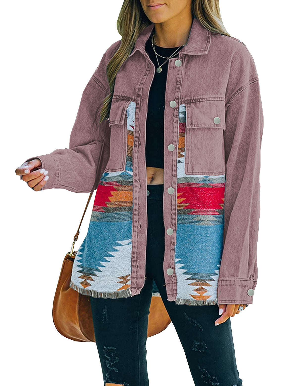 Lumister Women's Aztec Denim Jacket Distressed Long Sleeve Vintage Red Button Down Green Shacket(0007-vintageclaret-l) - Claret