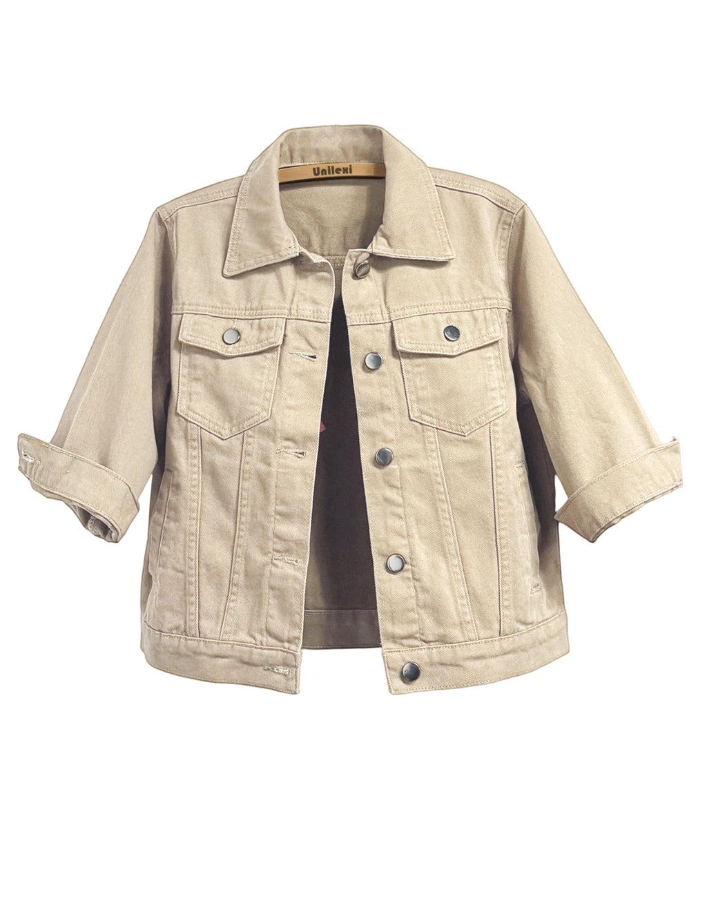 Unilexi Women's 3/4 Sleeve Colored Cropped Denim Jacket Light Wash Short Jean Trucker Coat(0098-khaki-xs)