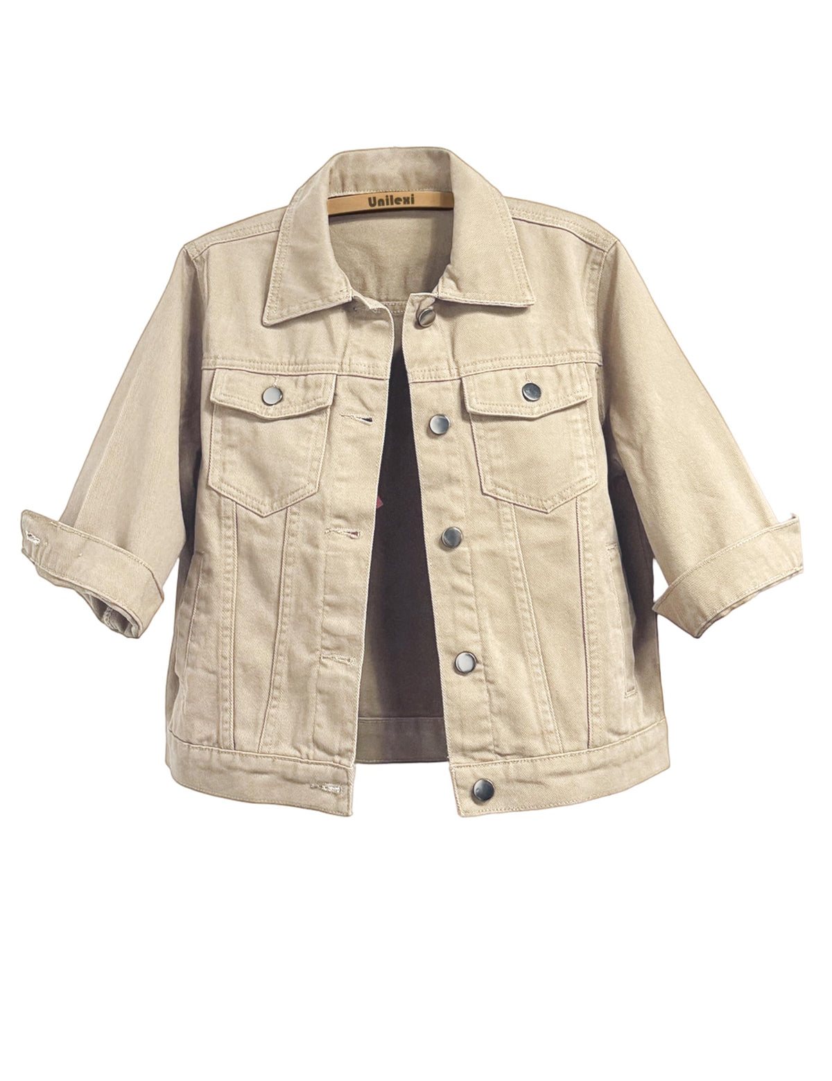 Unilexi Women's 3/4 Sleeve Colored Cropped Denim Jacket Light Wash Short Jean Trucker Coat(0098-khaki-xs)