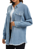 Bosmeer Oversized Denim Jackets For Women Button Down Jacket Western Shacket With Pockets Frayed Hem Distressed Shirts Country Outfits -