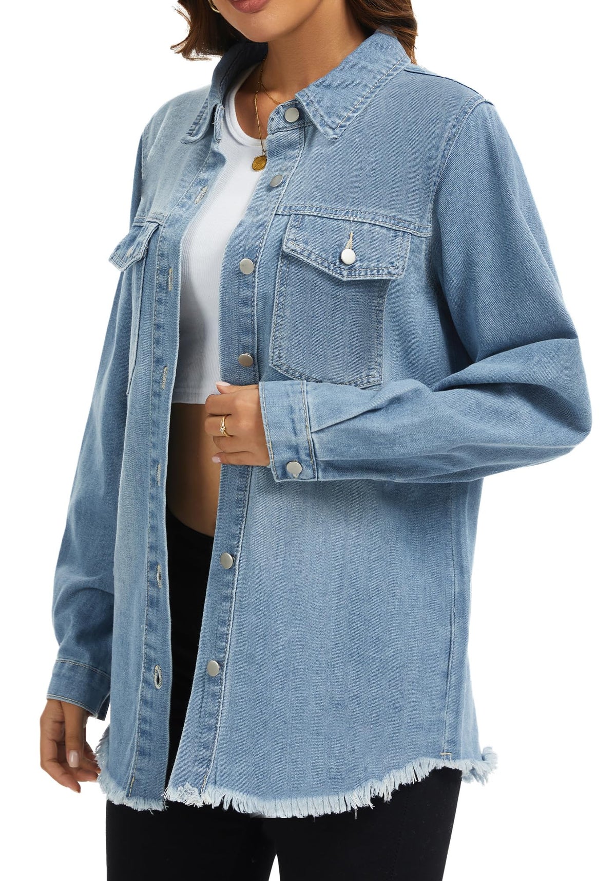 Bosmeer Oversized Denim Jackets For Women Button Down Jacket Western Shacket With Pockets Frayed Hem Distressed Shirts Country Outfits -