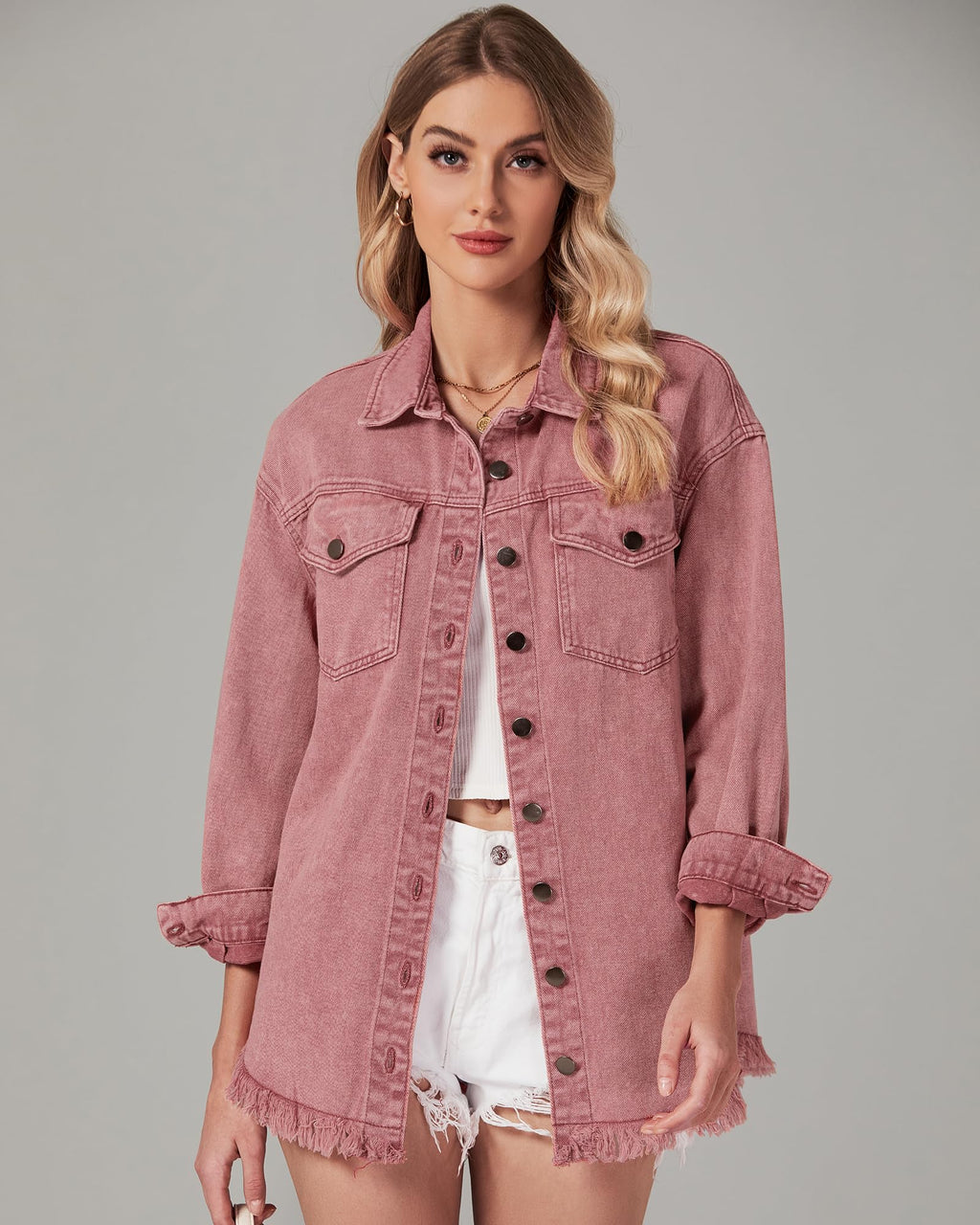 Vetinee Women's Fashion Oversized Boyfriend Front Button Up Jacket Denim - Faded Rose
