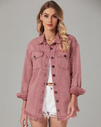 Vetinee Oversized Jean Jacket For Women Faded Rose Front Button Up Frayed Raw Hem Long Sleeve Pockets Denim Shacket Large Size 12 14