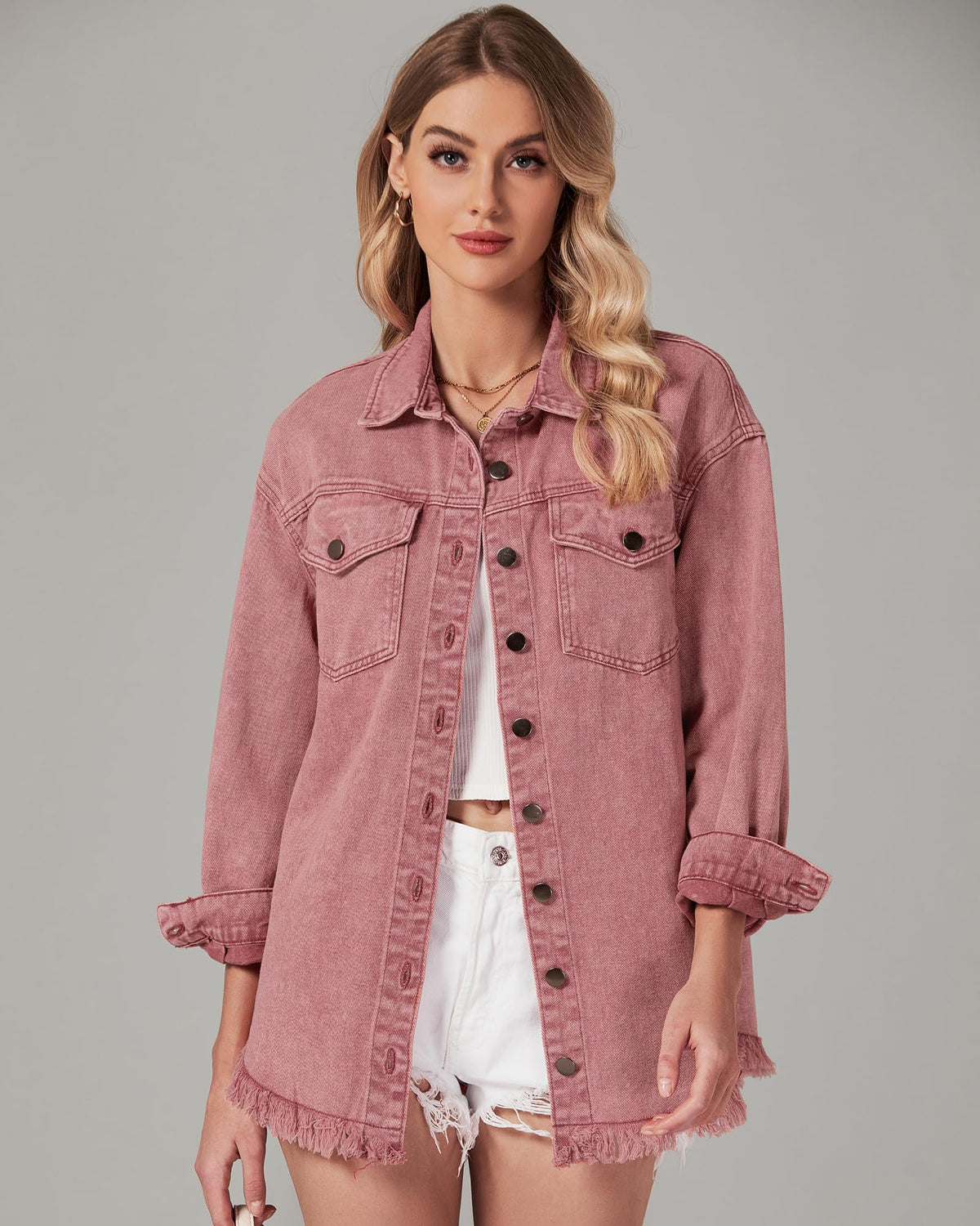 Vetinee Oversized Jean Jacket For Women Faded Rose Front Button Up Frayed Raw Hem Long Sleeve Pockets Denim Shacket Large Size 12 14