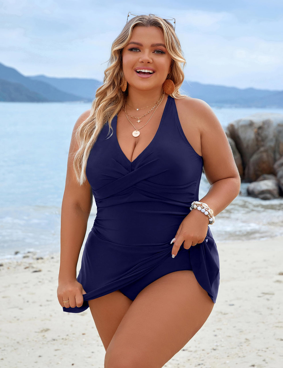 Blooming Jelly Women Plus-Size Swimdress One-Piece Tummy - Navy Blue