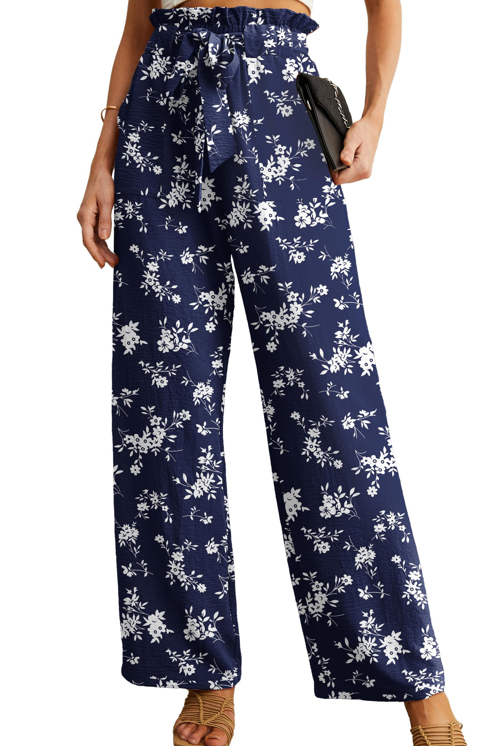 Iwollence Adjustable Knot High-Waist Wide-Leg Palazzo - 28 Navy Flower