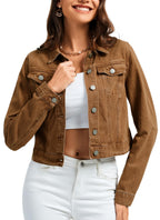 Andy & Natalie Jean Jacket Women Trendy Denim Long Sleeve Basic Button Down Cropped Shackets Light Brown Large