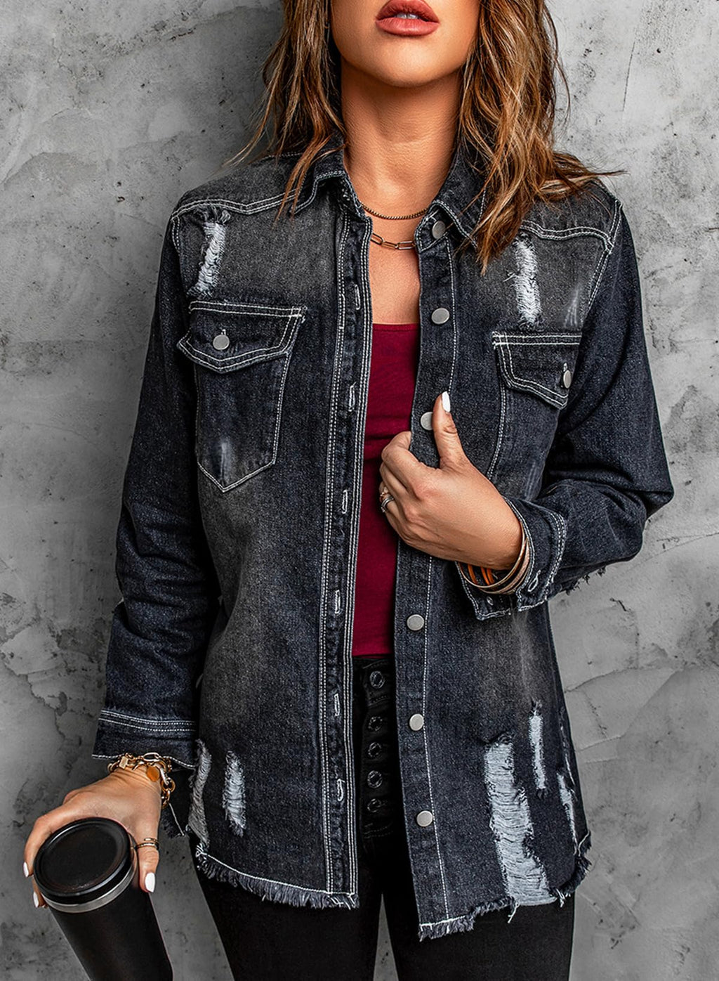 Dokotoo Western Outfits For Women Distressed Boyfriend Jean Jacket Black S - C1