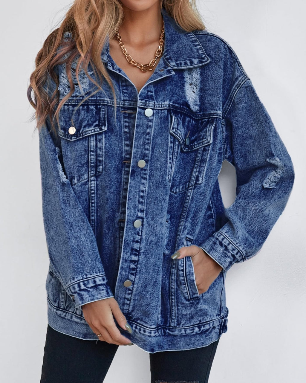 Lifeshe Women's Long Oversized Denim Jacket Boyfriend Ripped Distressed Jean Jackets Coat - Deep Blue