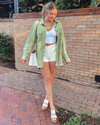 Vetinee Women's Womens Spring Jacket Oversized Boyfriend Laurel Green Front Button Up Frayed Raw Hem Long Sleeve Pockets Denim Jean Shacket