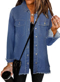 Bosmeer Denim Shirt Women Classic Long Sleeve Jean Jacket Loose Button Down Distressed Frayed Hem Coat Light Jackets For Casual - Nightfall
