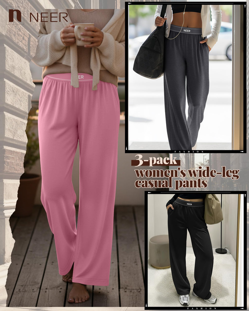 Neer 3 Pack Women's Cotton Lounge High-Waisted Pants - Style 3