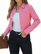 Luvamia Cropped Jean Jackets For Women Fashion Short Denim Shacket Jacket Lightweight Fitted Stretchy With Pockets Glory Pink Size Small