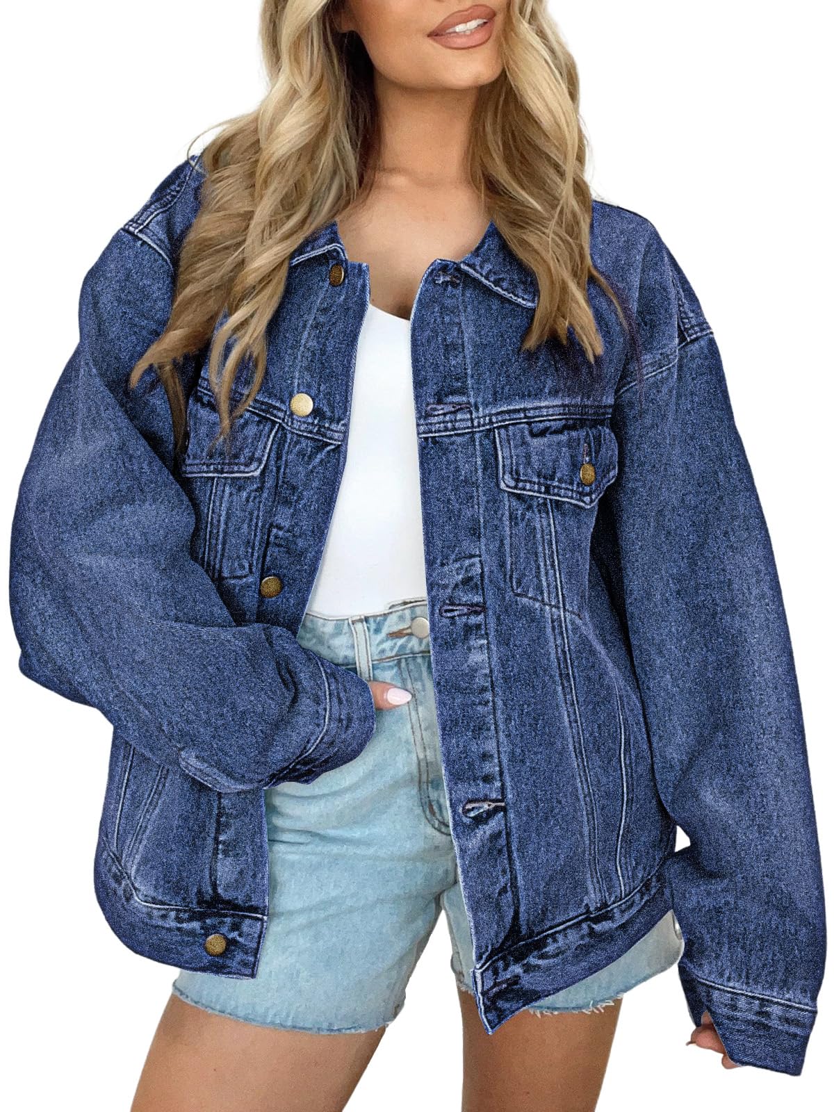Automet Women's Button Down Oversized Jeans Jacket With Pockets - Dark Blue