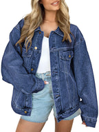 Automet Women's Button Down Oversized Jeans Jacket With Pockets - Dark Blue