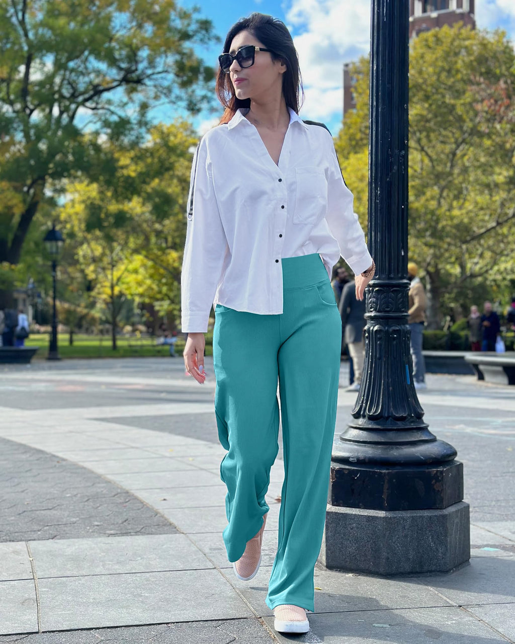 Promover Wide-Leg Pants For Women With Pockets Stretch Turquoise Xl