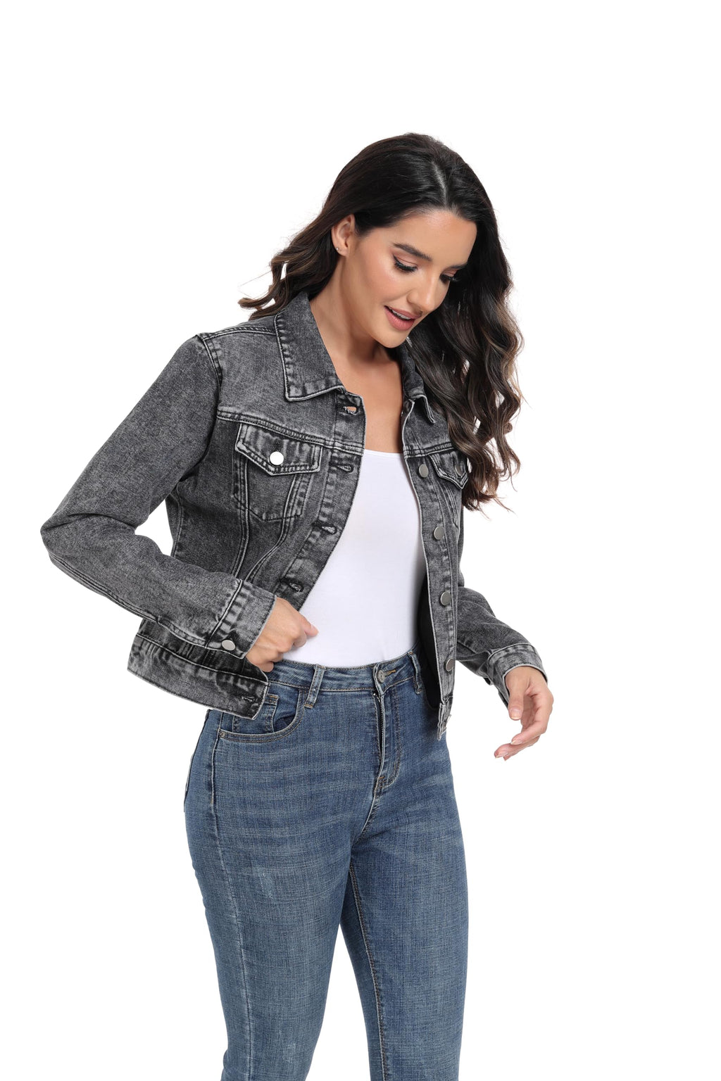 Andy & Natalie Cropped Jean Jacket For Women Fashion Casual Crop Denim Jackets Trendy Outfit With Pockets Deep Grey X-large