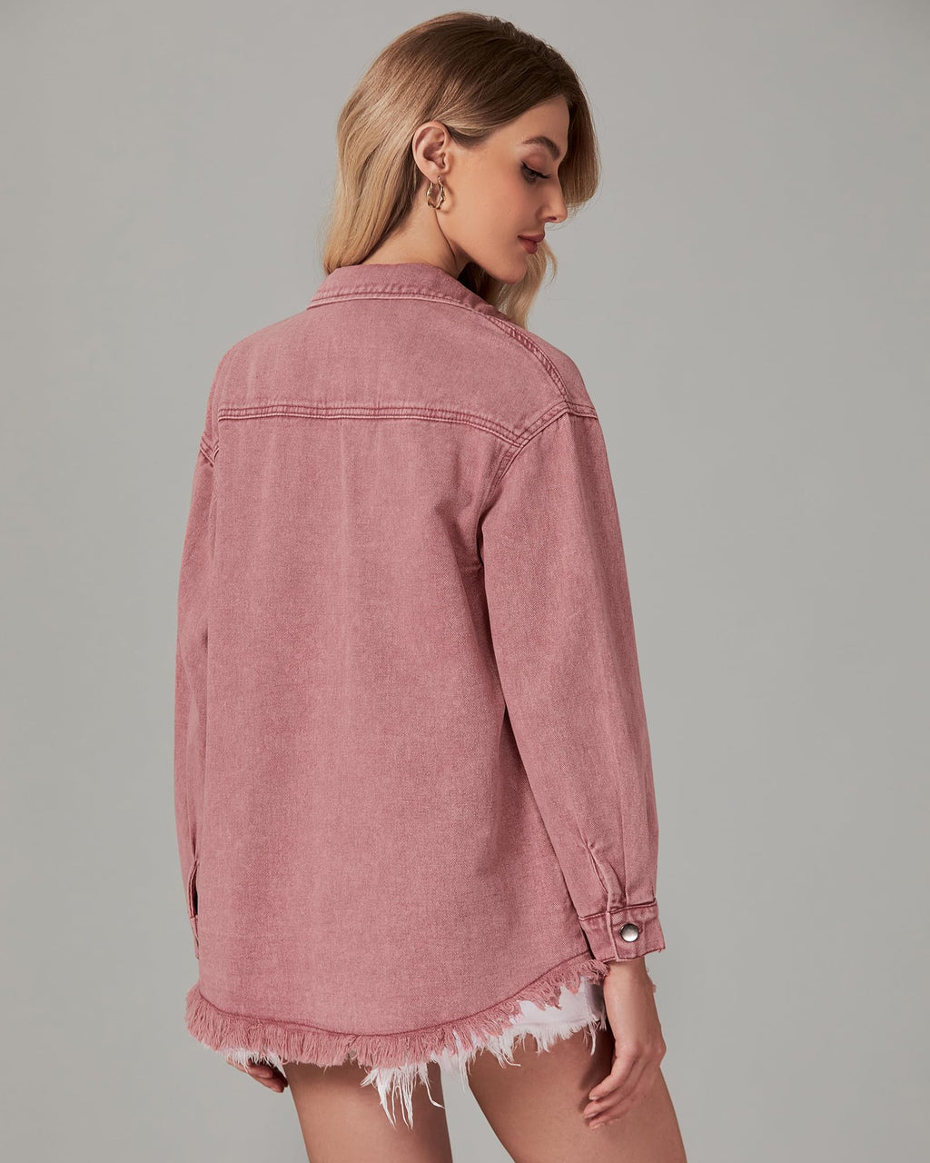 Vetinee Oversized Jean Jacket For Women Faded Rose Front Button Up Frayed Raw Hem Long Sleeve Pockets Denim Shacket Large Size 12 14